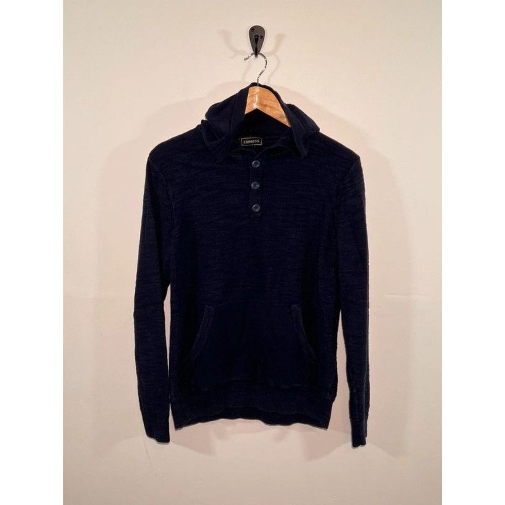 Men’s Express Blue Hooded Button Henley Long Sleeve Shirt